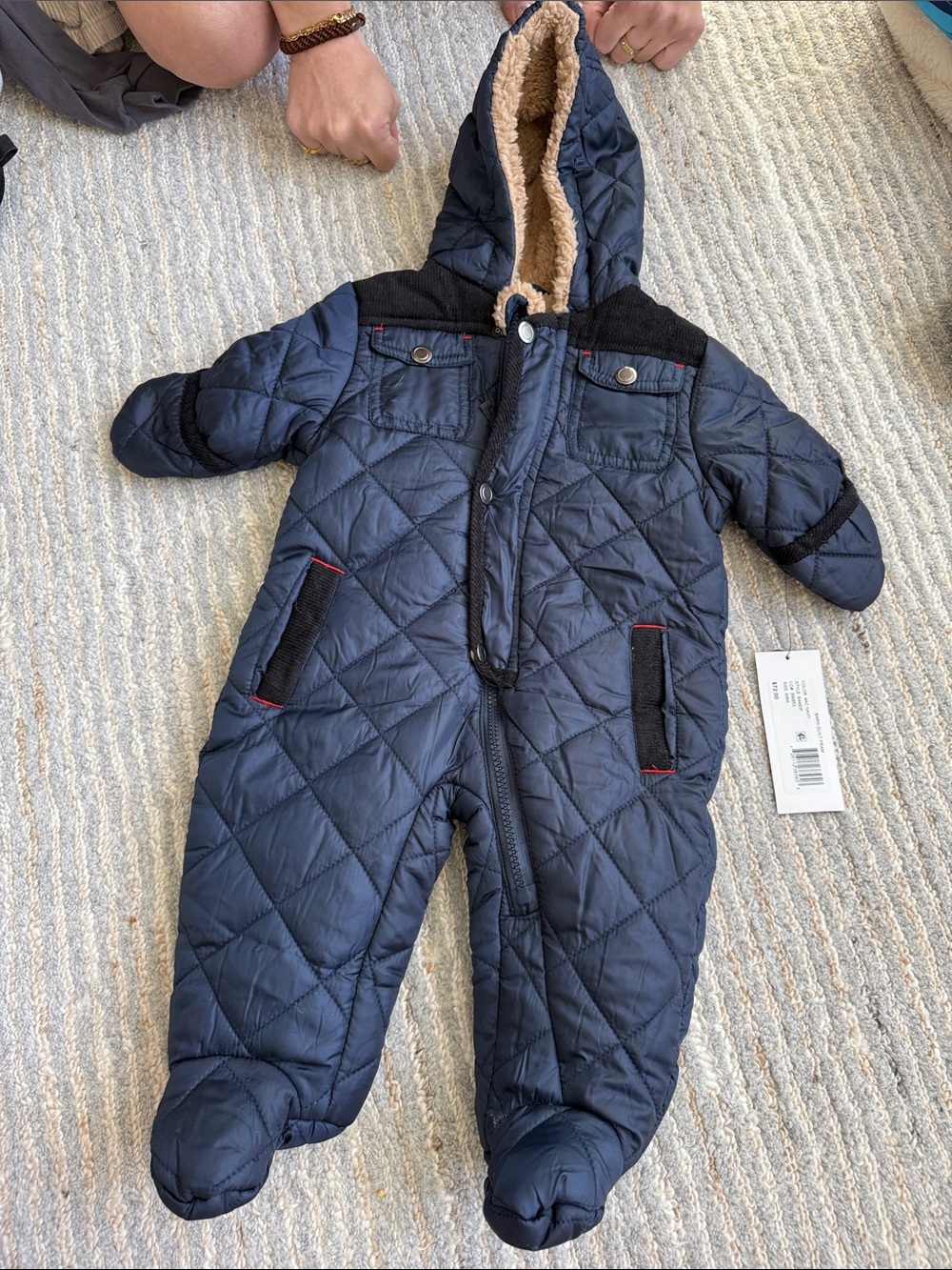 Rothschild Navy Quilted Hooded Baby Romper with Sherpa Lining